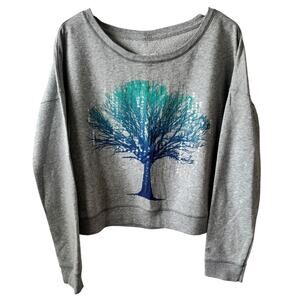 Aeropostale Sweatshirt Women M Gray Blue Sequin Tree Boho Fall Casual Athleisure